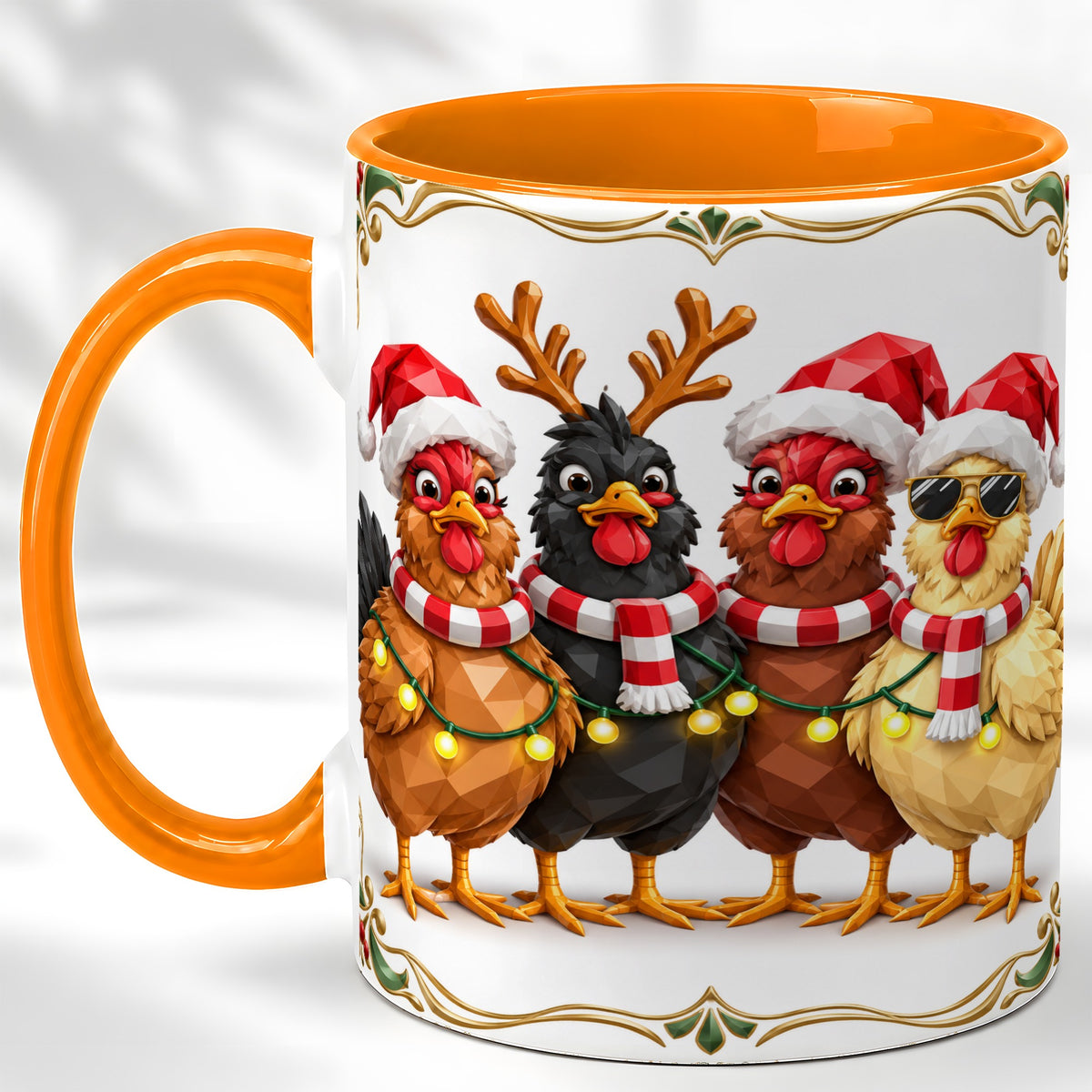 #pl[11oz|Orange] Christmas Chickens Coffee Mug, Holiday Hens Mug, Ceramic Cup