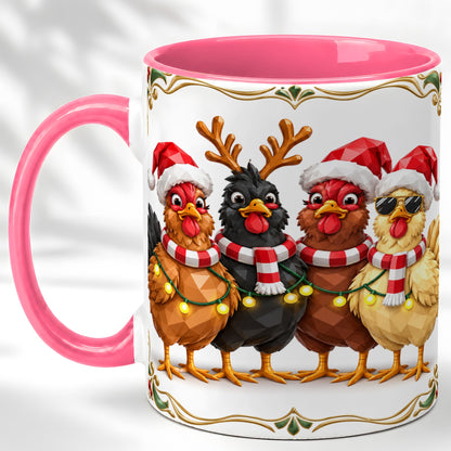 #pl[11oz|Pink] Christmas Chickens Coffee Mug, Holiday Hens Mug, Ceramic Cup