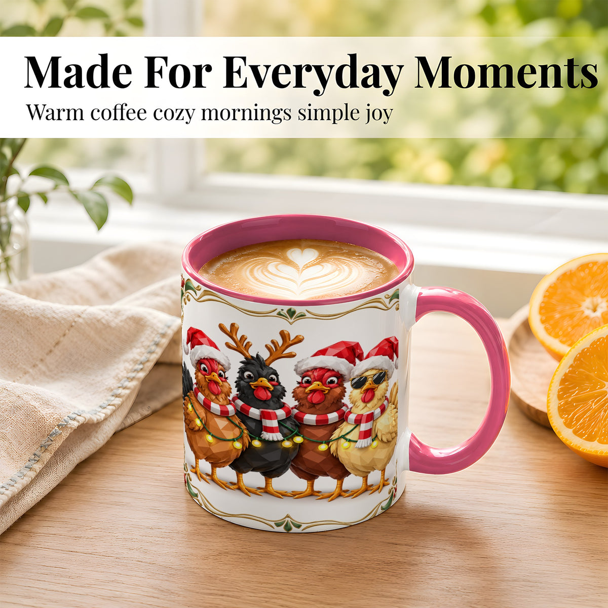 #pl[11oz|Pink] Christmas Chickens Coffee Mug, Holiday Hens Mug, Ceramic Cup