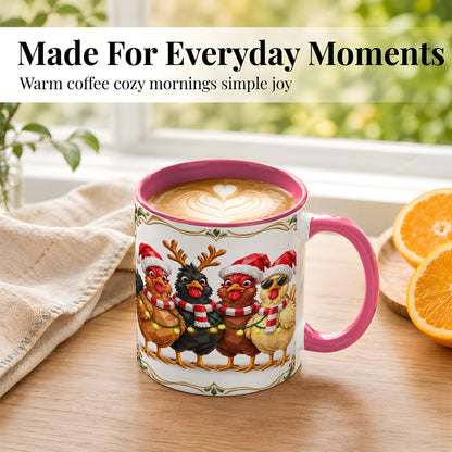 #pl[11oz|Pink] Christmas Chickens Coffee Mug, Holiday Hens Mug, Ceramic Cup