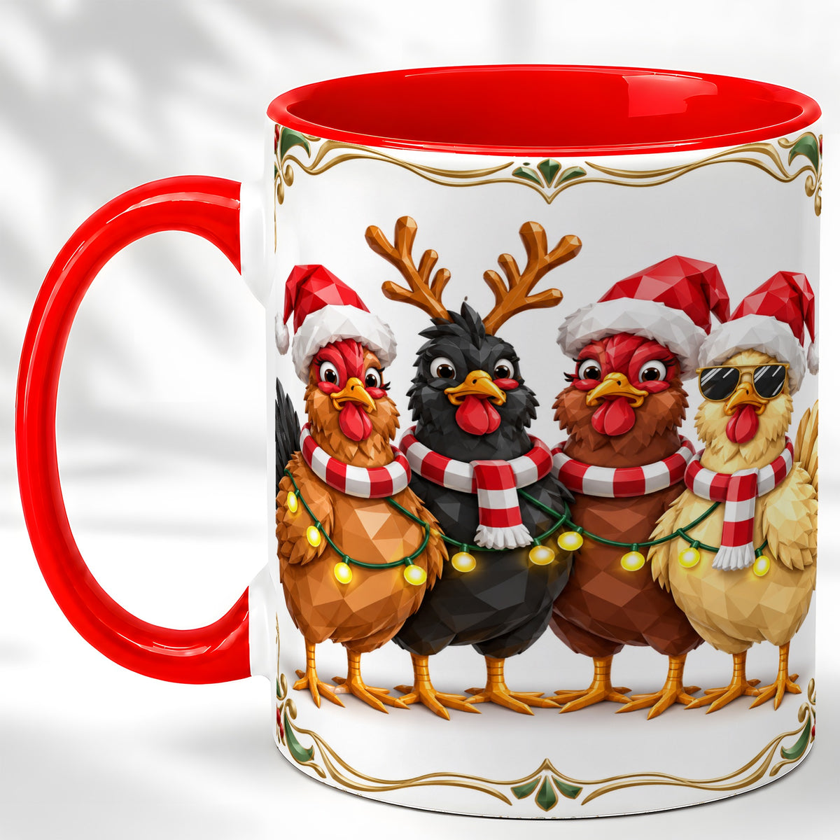 Christmas Chickens Coffee Mug, Holiday Hens Mug, Ceramic Cup