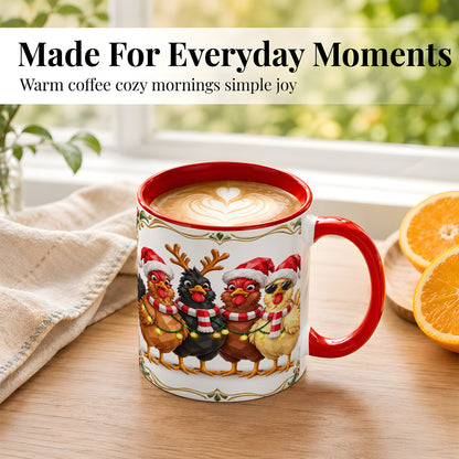 #pl[11oz|Red] Christmas Chickens Coffee Mug, Holiday Hens Mug, Ceramic Cup