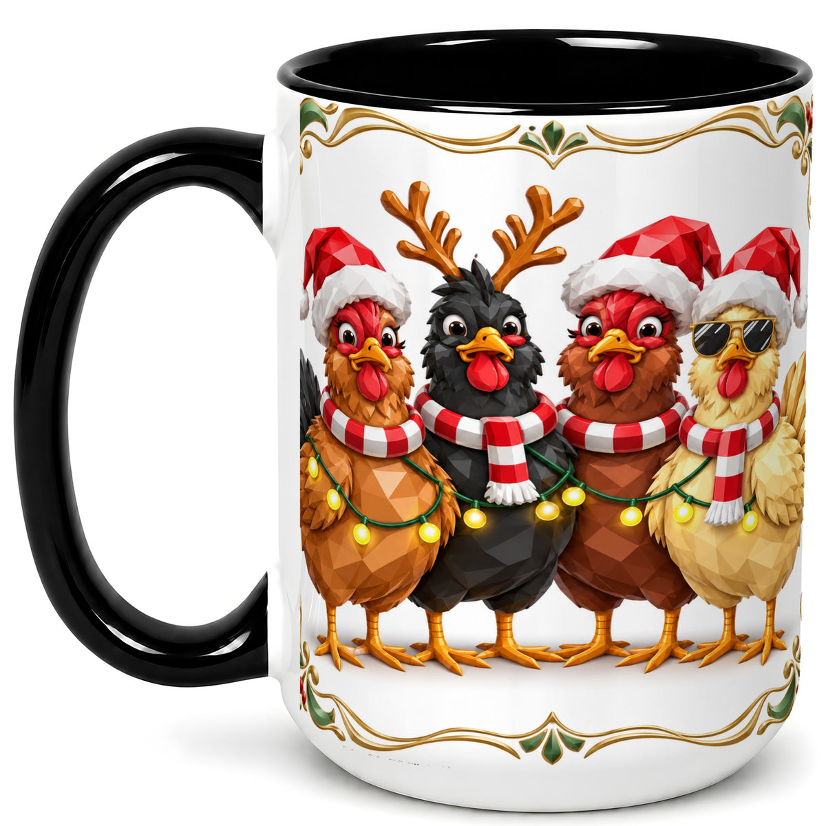 #pl[15oz|Black] Christmas Chickens Coffee Mug, Holiday Hens Mug, Ceramic Cup