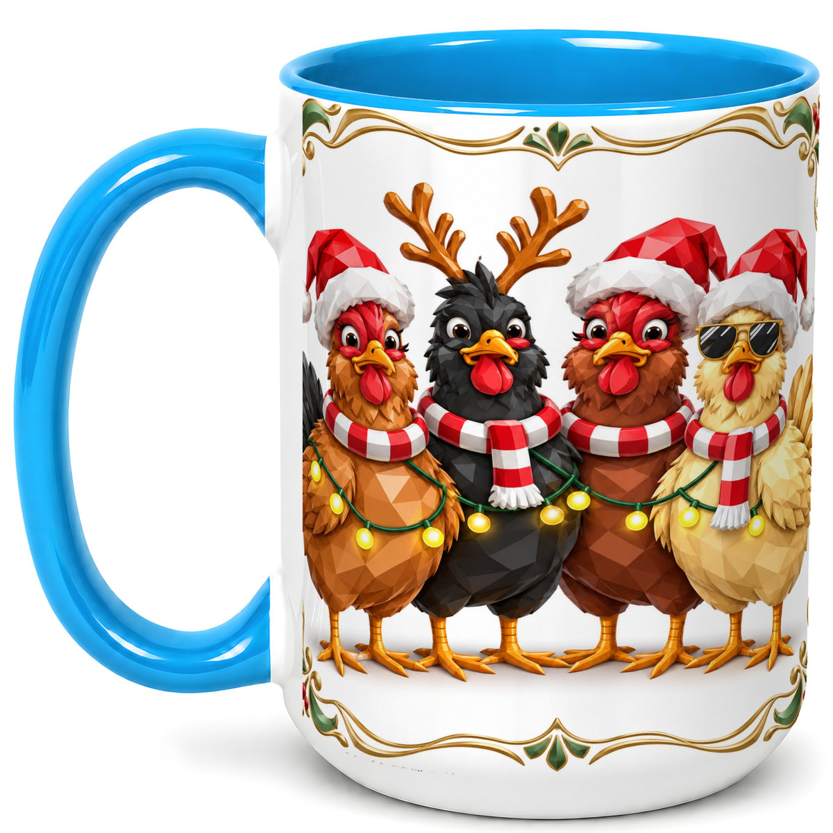 #pl[15oz|Blue] Christmas Chickens Coffee Mug, Holiday Hens Mug, Ceramic Cup