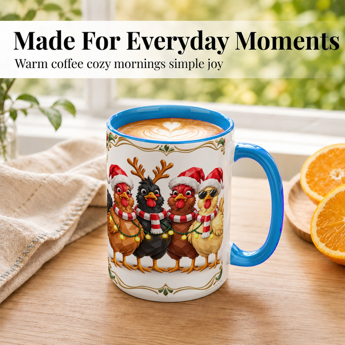#pl[15oz|Blue] Christmas Chickens Coffee Mug, Holiday Hens Mug, Ceramic Cup