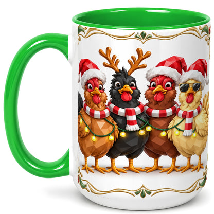 #pl[15oz|Green] Christmas Chickens Coffee Mug, Holiday Hens Mug, Ceramic Cup