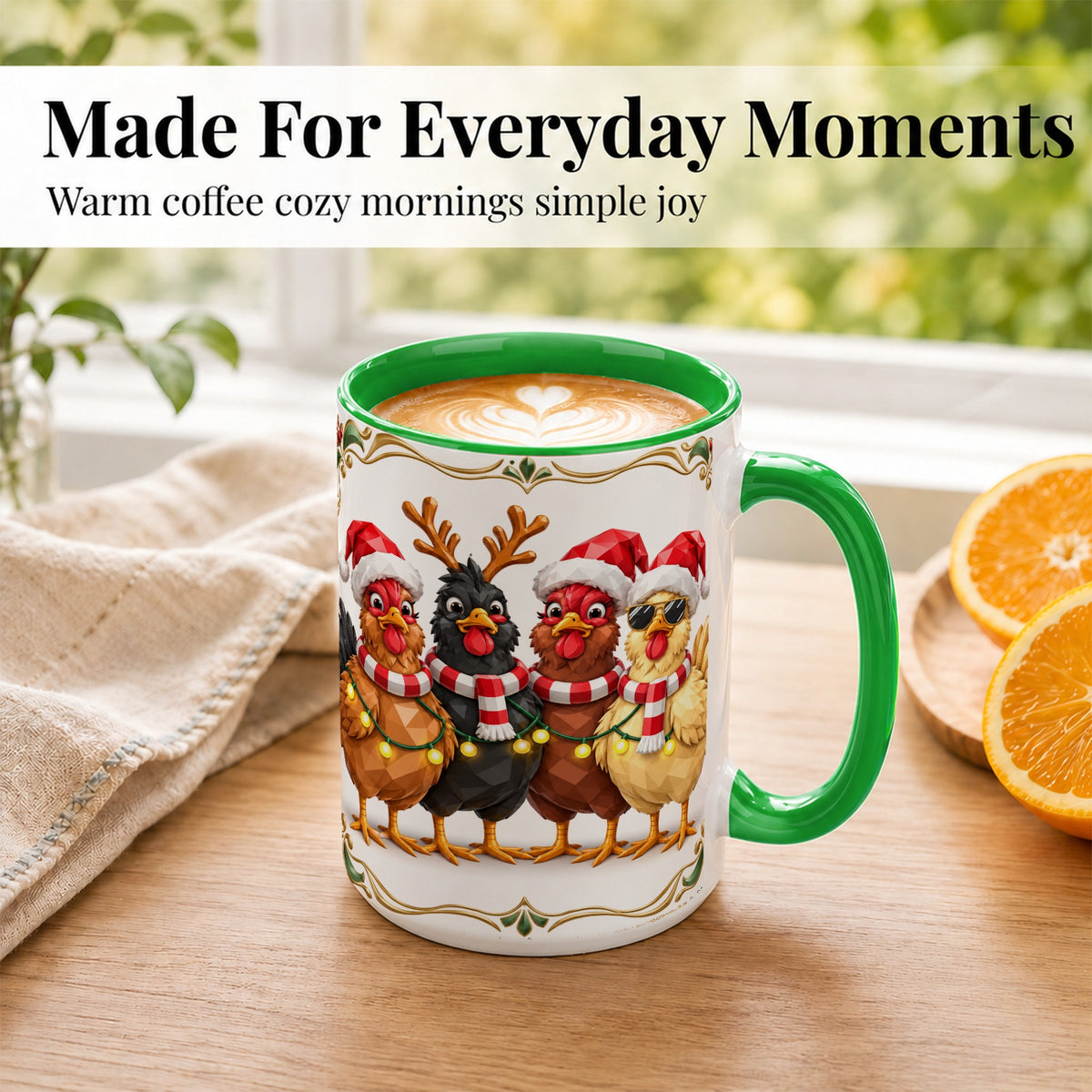 #pl[15oz|Green] Christmas Chickens Coffee Mug, Holiday Hens Mug, Ceramic Cup