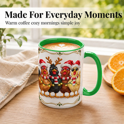 #pl[15oz|Green] Christmas Chickens Coffee Mug, Holiday Hens Mug, Ceramic Cup