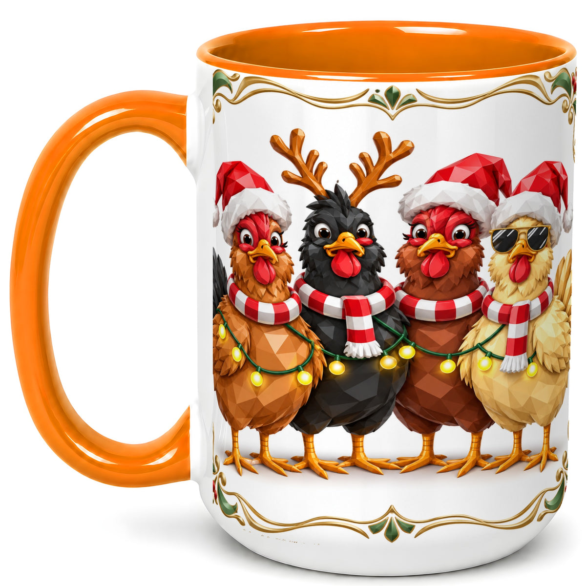 #pl[15oz|Orange] Christmas Chickens Coffee Mug, Holiday Hens Mug, Ceramic Cup