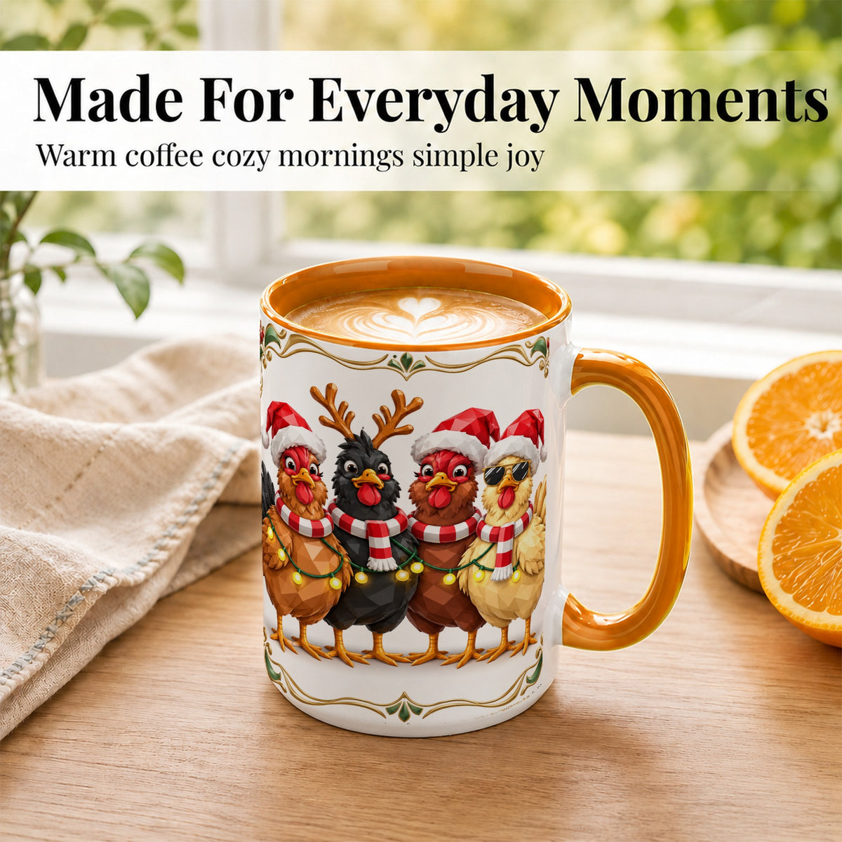 #pl[15oz|Orange] Christmas Chickens Coffee Mug, Holiday Hens Mug, Ceramic Cup
