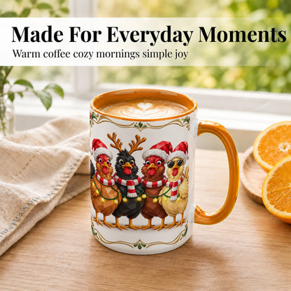 #pl[15oz|Orange] Christmas Chickens Coffee Mug, Holiday Hens Mug, Ceramic Cup