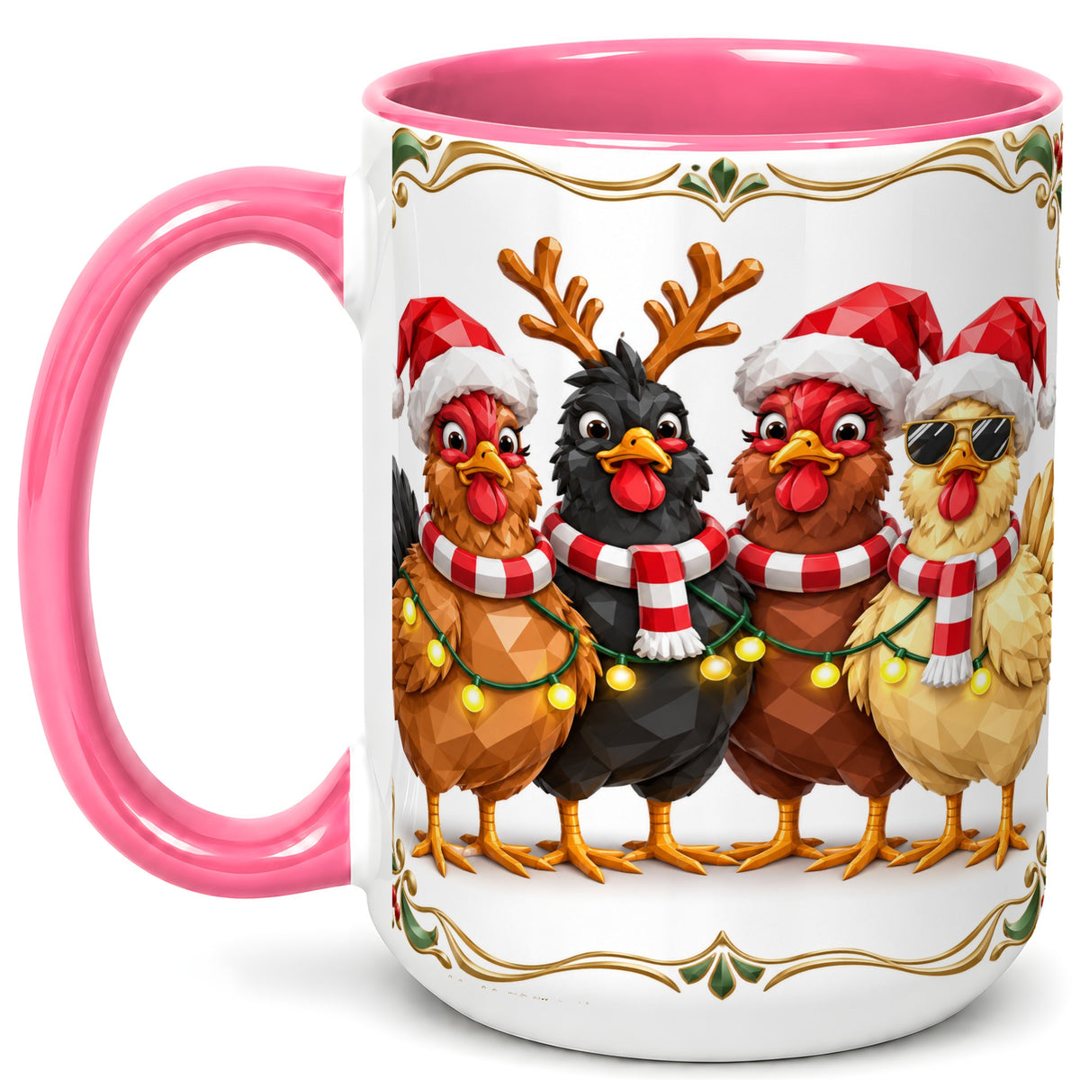#pl[15oz|Pink] Christmas Chickens Coffee Mug, Holiday Hens Mug, Ceramic Cup