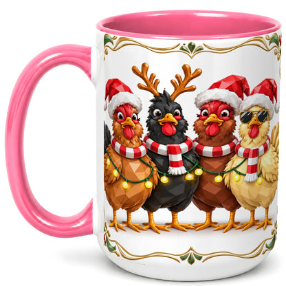 #pl[15oz|Pink] Christmas Chickens Coffee Mug, Holiday Hens Mug, Ceramic Cup