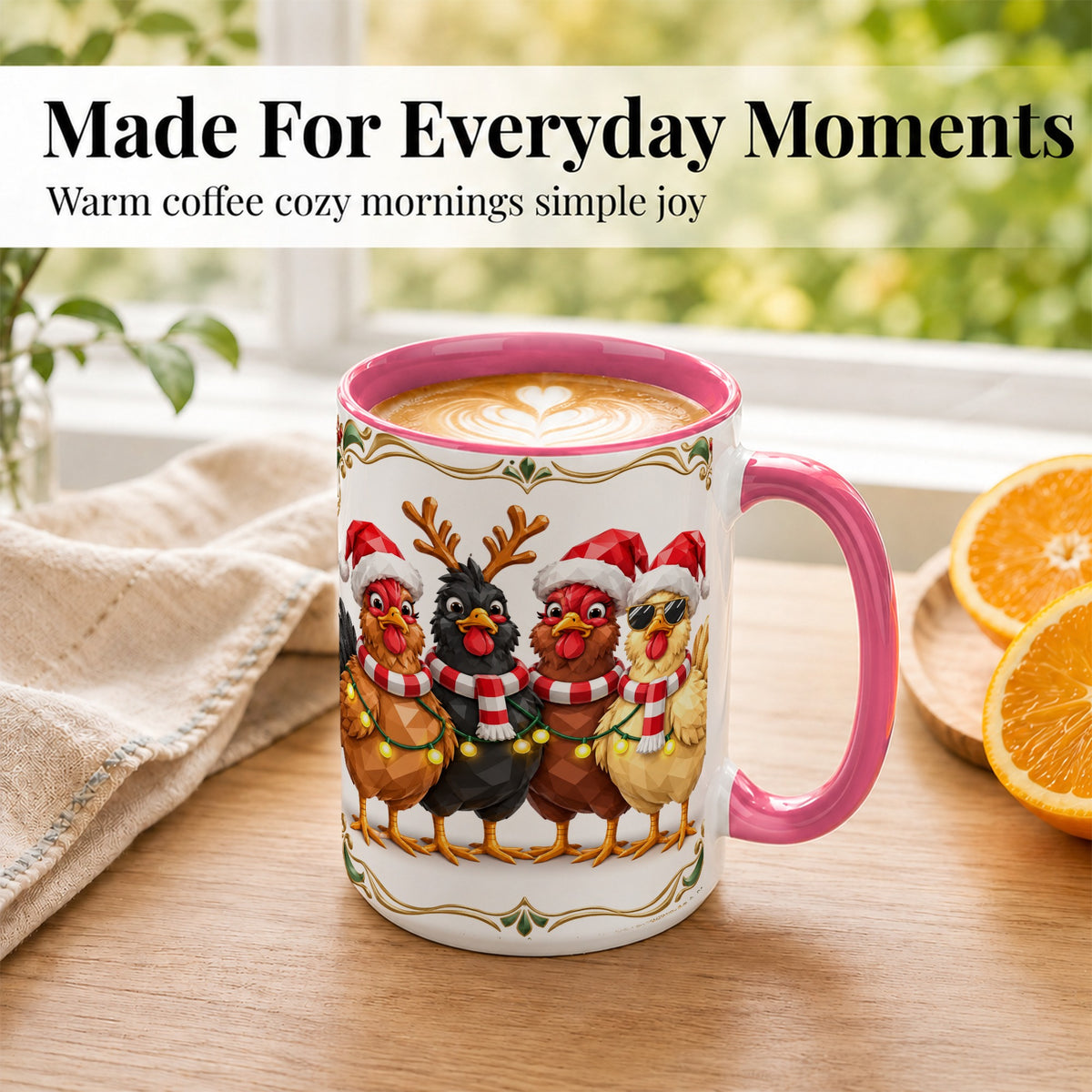 #pl[15oz|Pink] Christmas Chickens Coffee Mug, Holiday Hens Mug, Ceramic Cup