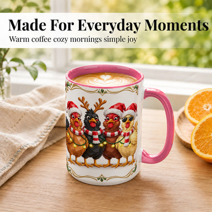 #pl[15oz|Pink] Christmas Chickens Coffee Mug, Holiday Hens Mug, Ceramic Cup
