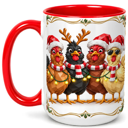 #pl[15oz|Red] Christmas Chickens Coffee Mug, Holiday Hens Mug, Ceramic Cup