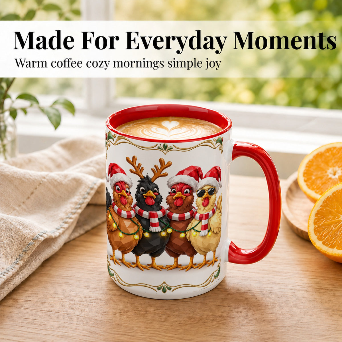 #pl[15oz|Red] Christmas Chickens Coffee Mug, Holiday Hens Mug, Ceramic Cup