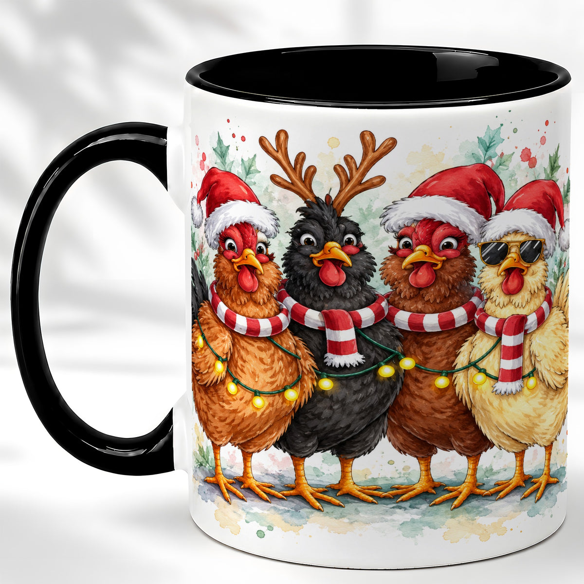 #pl[11oz|Black] Watercolor Christmas Chickens Coffee Mug, Festive Hens Mug, Ceramic Cup
