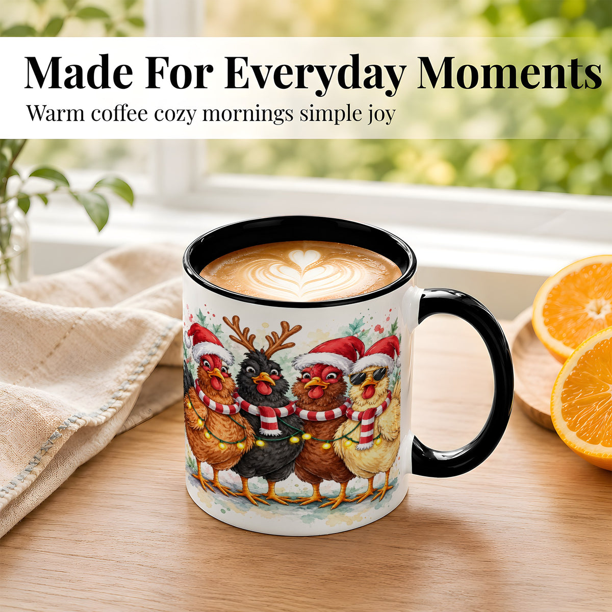 #pl[11oz|Black] Watercolor Christmas Chickens Coffee Mug, Festive Hens Mug, Ceramic Cup
