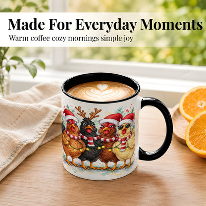 #pl[11oz|Black] Watercolor Christmas Chickens Coffee Mug, Festive Hens Mug, Ceramic Cup