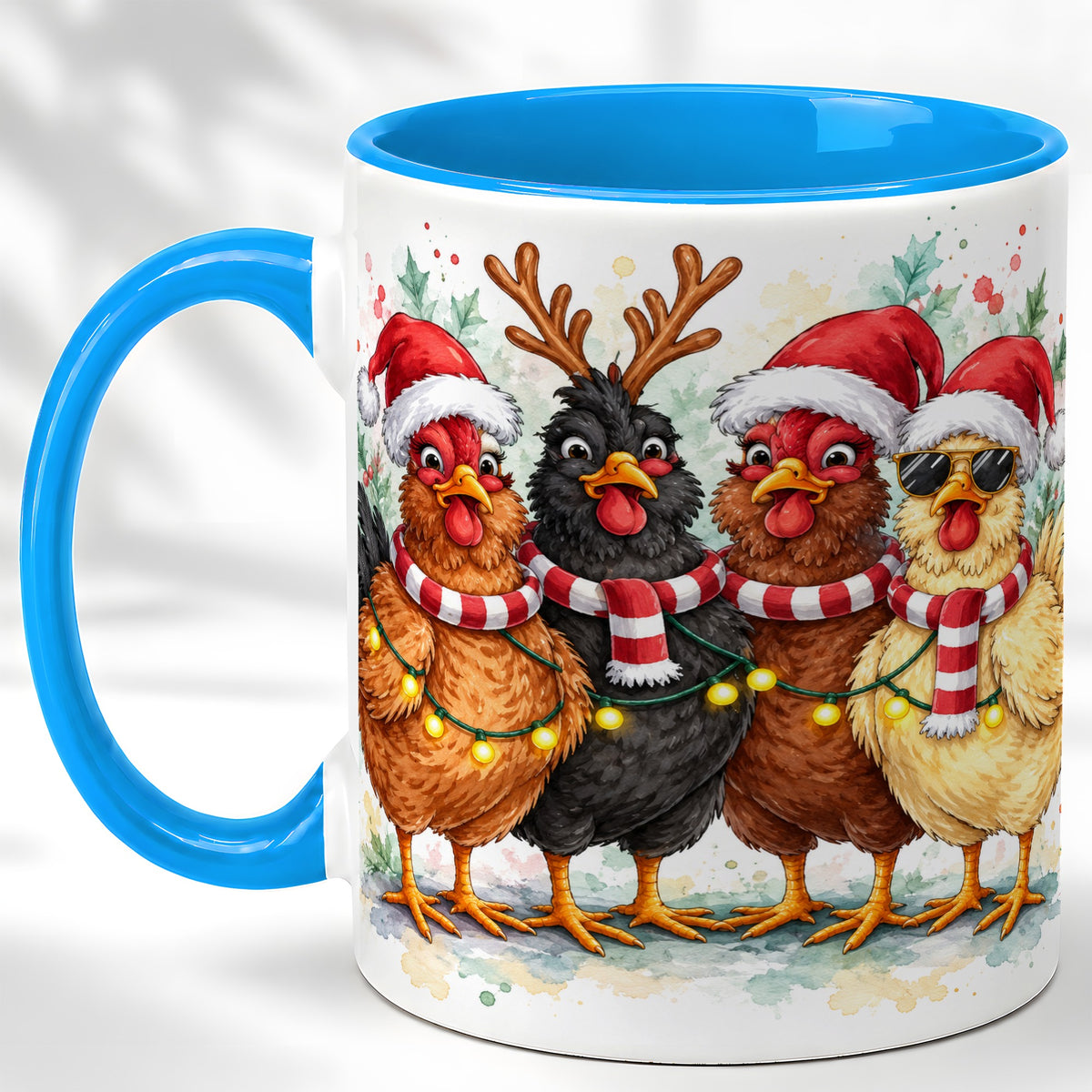 #pl[11oz|Blue] Watercolor Christmas Chickens Coffee Mug, Festive Hens Mug, Ceramic Cup