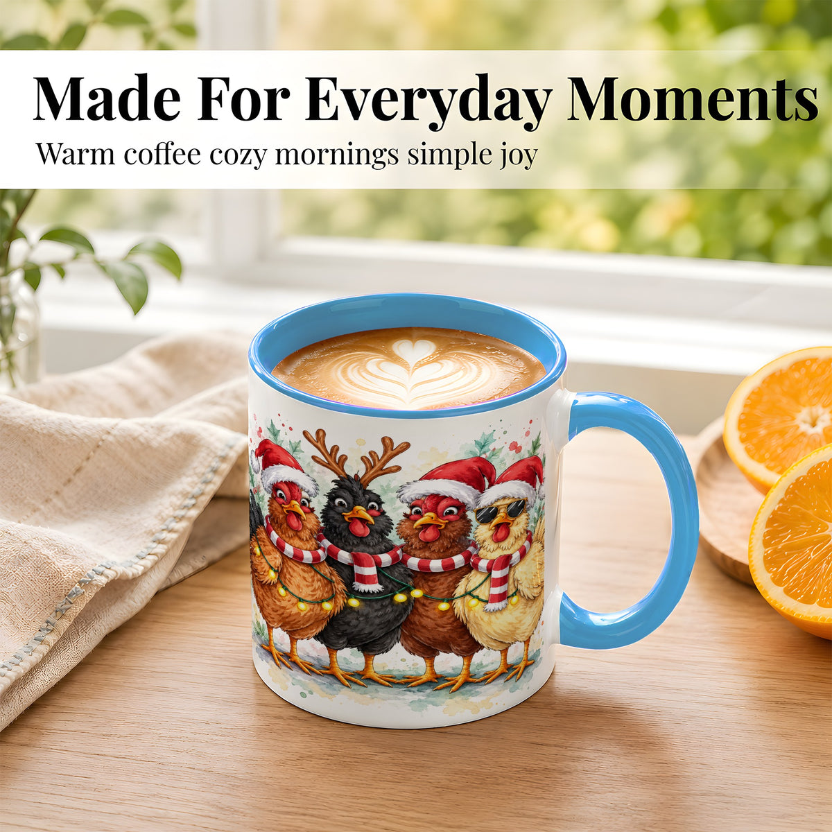 #pl[11oz|Blue] Watercolor Christmas Chickens Coffee Mug, Festive Hens Mug, Ceramic Cup
