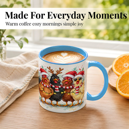 #pl[11oz|Blue] Watercolor Christmas Chickens Coffee Mug, Festive Hens Mug, Ceramic Cup