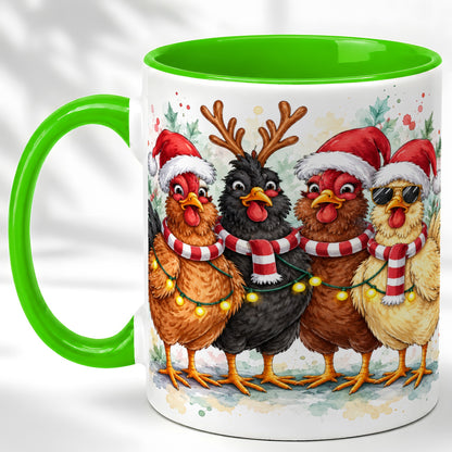 #pl[11oz|Green] Watercolor Christmas Chickens Coffee Mug, Festive Hens Mug, Ceramic Cup