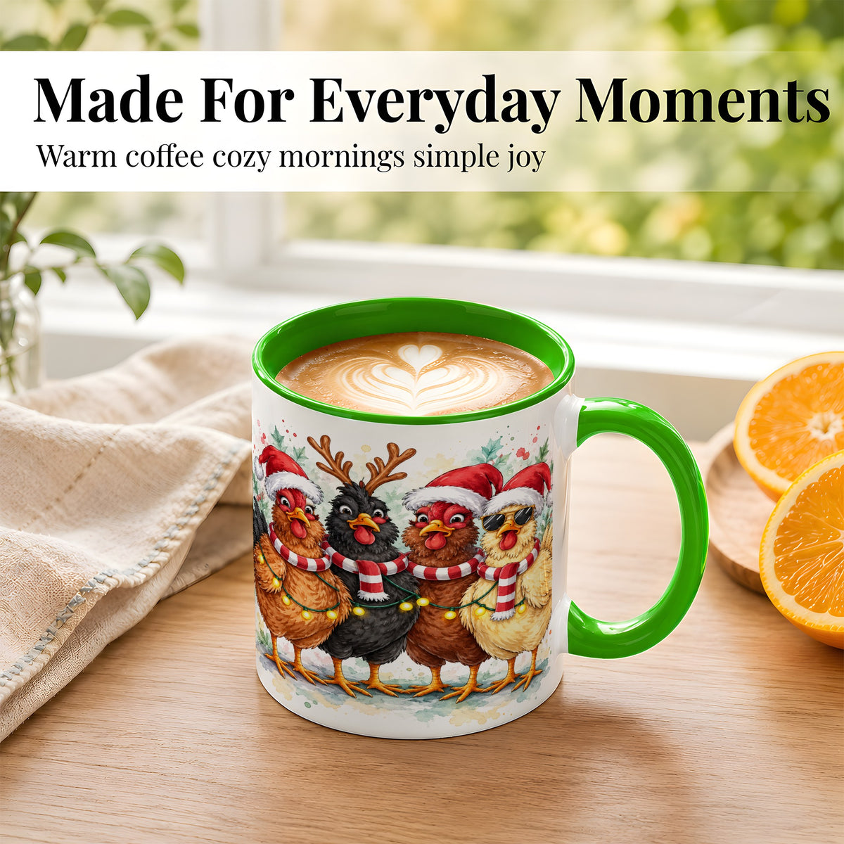 #pl[11oz|Green] Watercolor Christmas Chickens Coffee Mug, Festive Hens Mug, Ceramic Cup