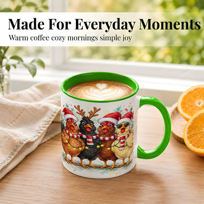 #pl[11oz|Green] Watercolor Christmas Chickens Coffee Mug, Festive Hens Mug, Ceramic Cup