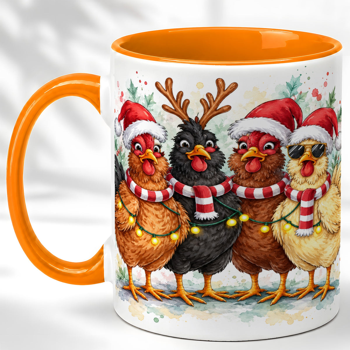 #pl[11oz|Orange] Watercolor Christmas Chickens Coffee Mug, Festive Hens Mug, Ceramic Cup