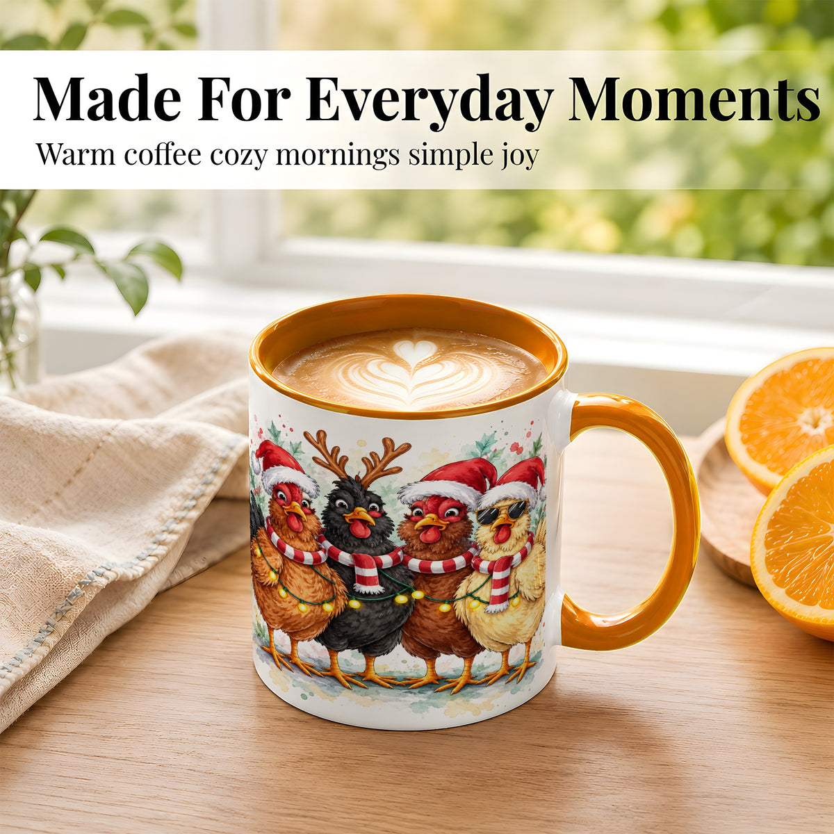 #pl[11oz|Orange] Watercolor Christmas Chickens Coffee Mug, Festive Hens Mug, Ceramic Cup