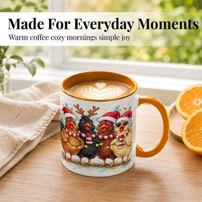 #pl[11oz|Orange] Watercolor Christmas Chickens Coffee Mug, Festive Hens Mug, Ceramic Cup