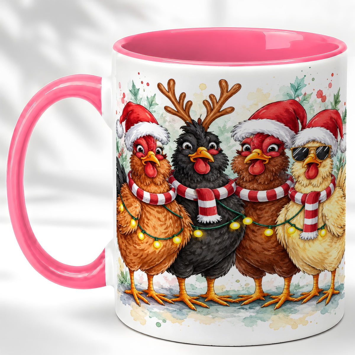 #pl[11oz|Pink] Watercolor Christmas Chickens Coffee Mug, Festive Hens Mug, Ceramic Cup
