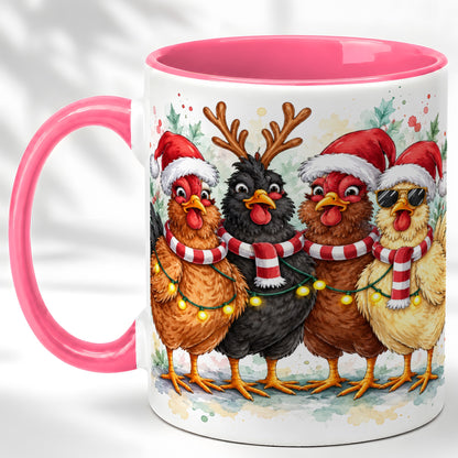 #pl[11oz|Pink] Watercolor Christmas Chickens Coffee Mug, Festive Hens Mug, Ceramic Cup