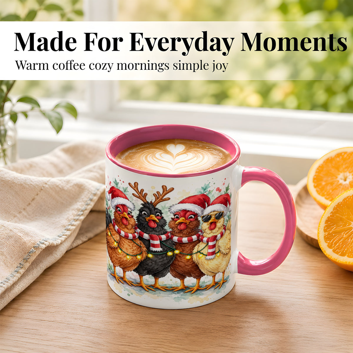 #pl[11oz|Pink] Watercolor Christmas Chickens Coffee Mug, Festive Hens Mug, Ceramic Cup