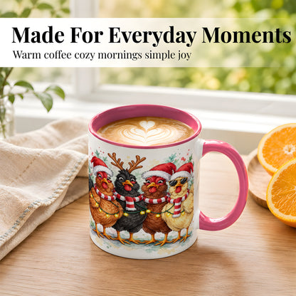 #pl[11oz|Pink] Watercolor Christmas Chickens Coffee Mug, Festive Hens Mug, Ceramic Cup