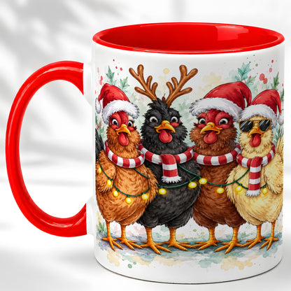 Watercolor Christmas Chickens Coffee Mug, Festive Hens Mug, Ceramic Cup