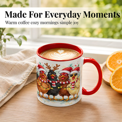 #pl[11oz|Red] Watercolor Christmas Chickens Coffee Mug, Festive Hens Mug, Ceramic Cup