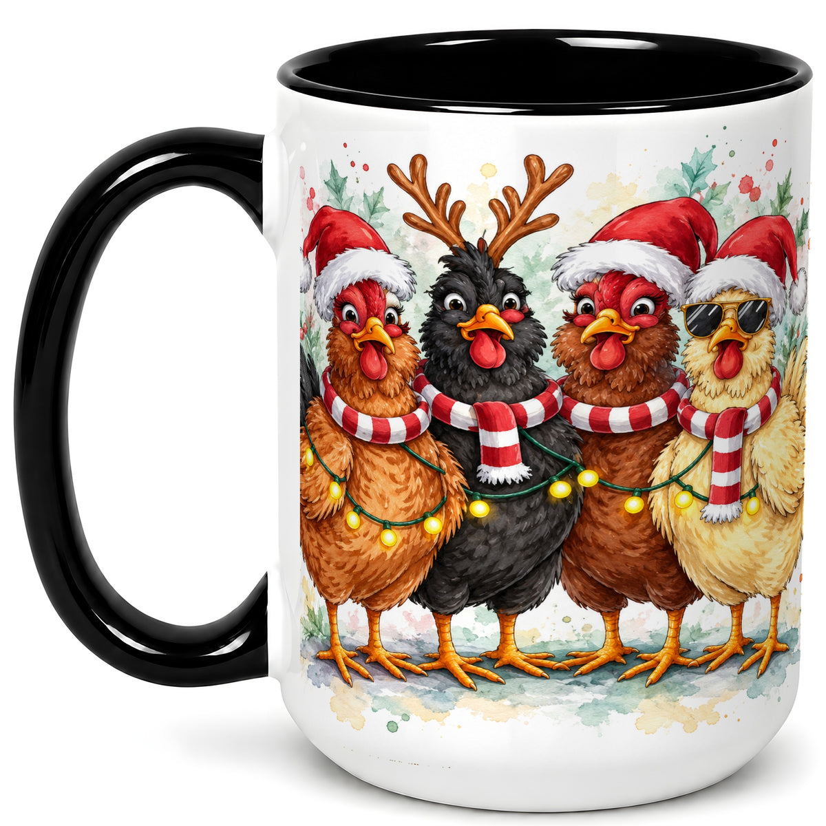 #pl[15oz|Black] Watercolor Christmas Chickens Coffee Mug, Festive Hens Mug, Ceramic Cup