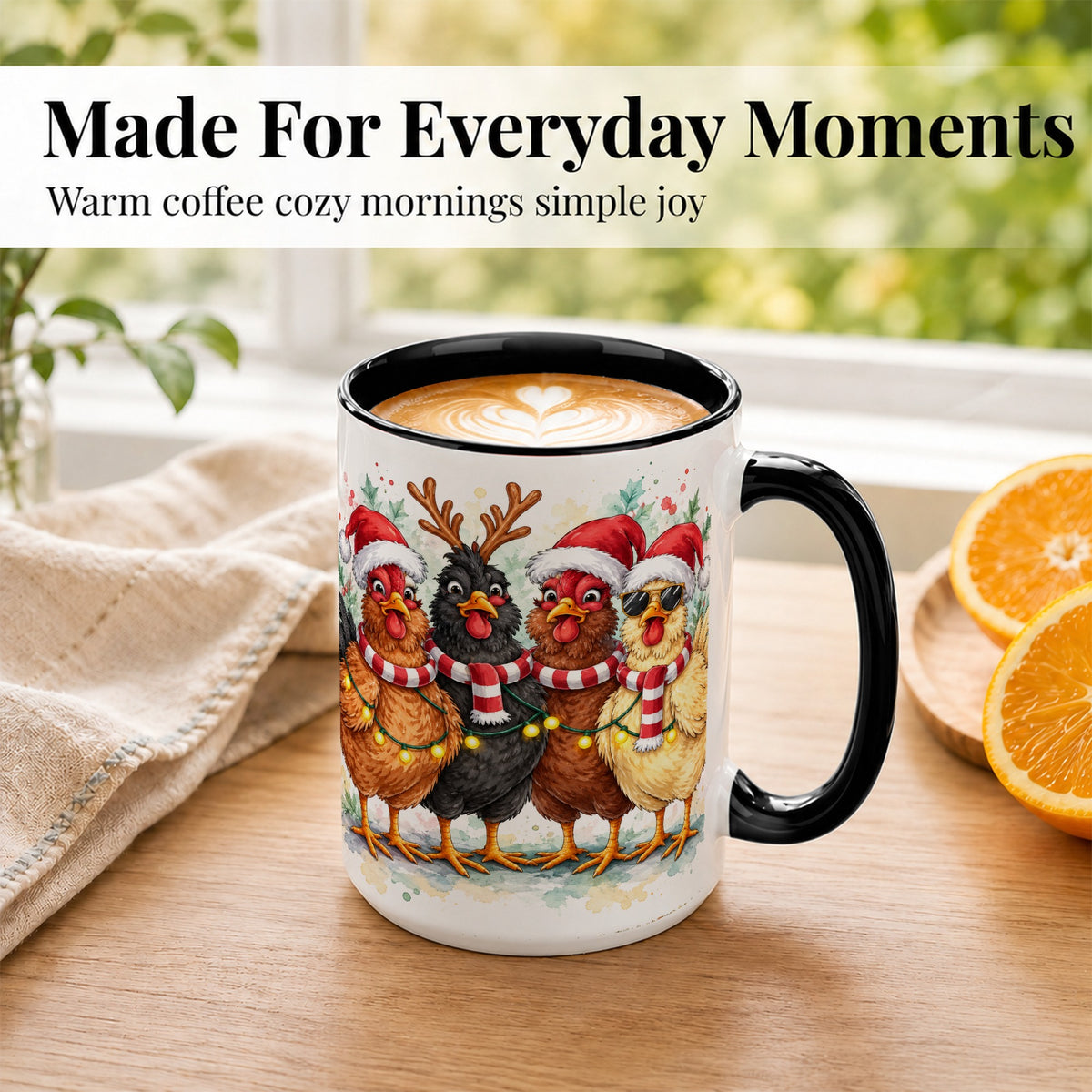 #pl[15oz|Black] Watercolor Christmas Chickens Coffee Mug, Festive Hens Mug, Ceramic Cup