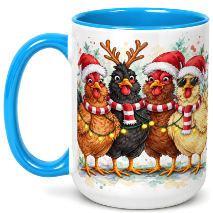 #pl[15oz|Blue] Watercolor Christmas Chickens Coffee Mug, Festive Hens Mug, Ceramic Cup