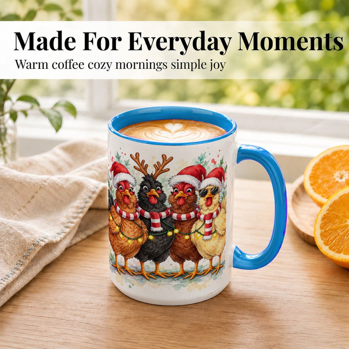 #pl[15oz|Blue] Watercolor Christmas Chickens Coffee Mug, Festive Hens Mug, Ceramic Cup