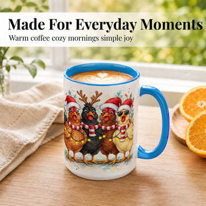 #pl[15oz|Blue] Watercolor Christmas Chickens Coffee Mug, Festive Hens Mug, Ceramic Cup