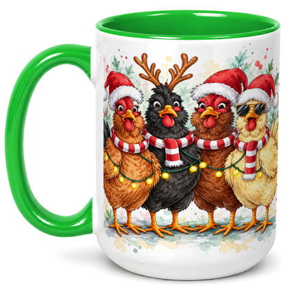 #pl[15oz|Green] Watercolor Christmas Chickens Coffee Mug, Festive Hens Mug, Ceramic Cup