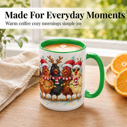 #pl[15oz|Green] Watercolor Christmas Chickens Coffee Mug, Festive Hens Mug, Ceramic Cup