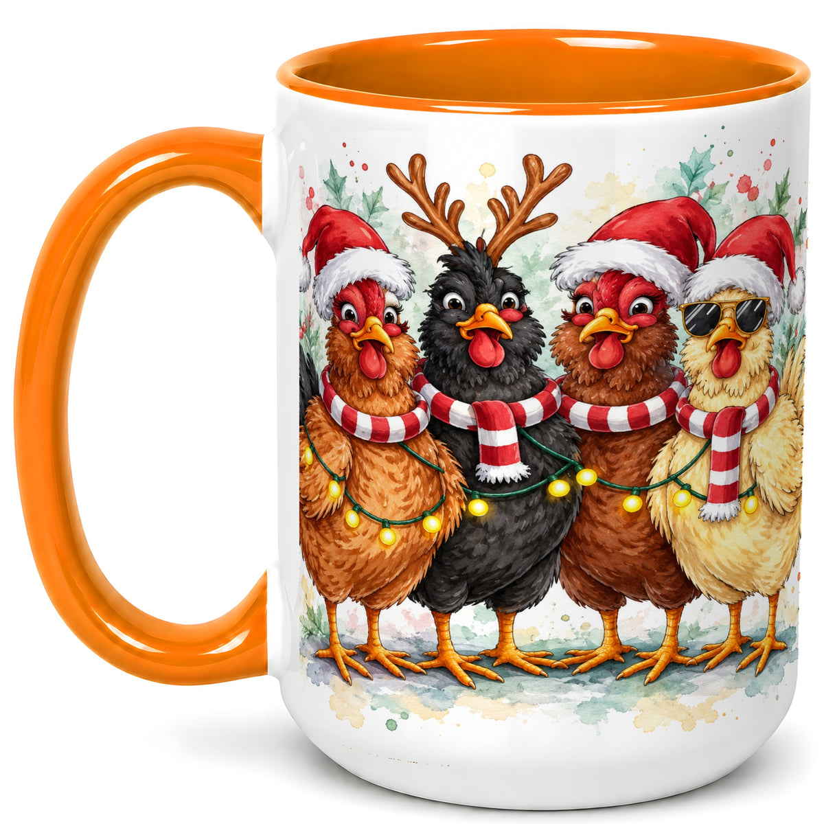 #pl[15oz|Orange] Watercolor Christmas Chickens Coffee Mug, Festive Hens Mug, Ceramic Cup
