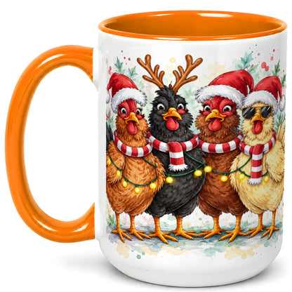 #pl[15oz|Orange] Watercolor Christmas Chickens Coffee Mug, Festive Hens Mug, Ceramic Cup