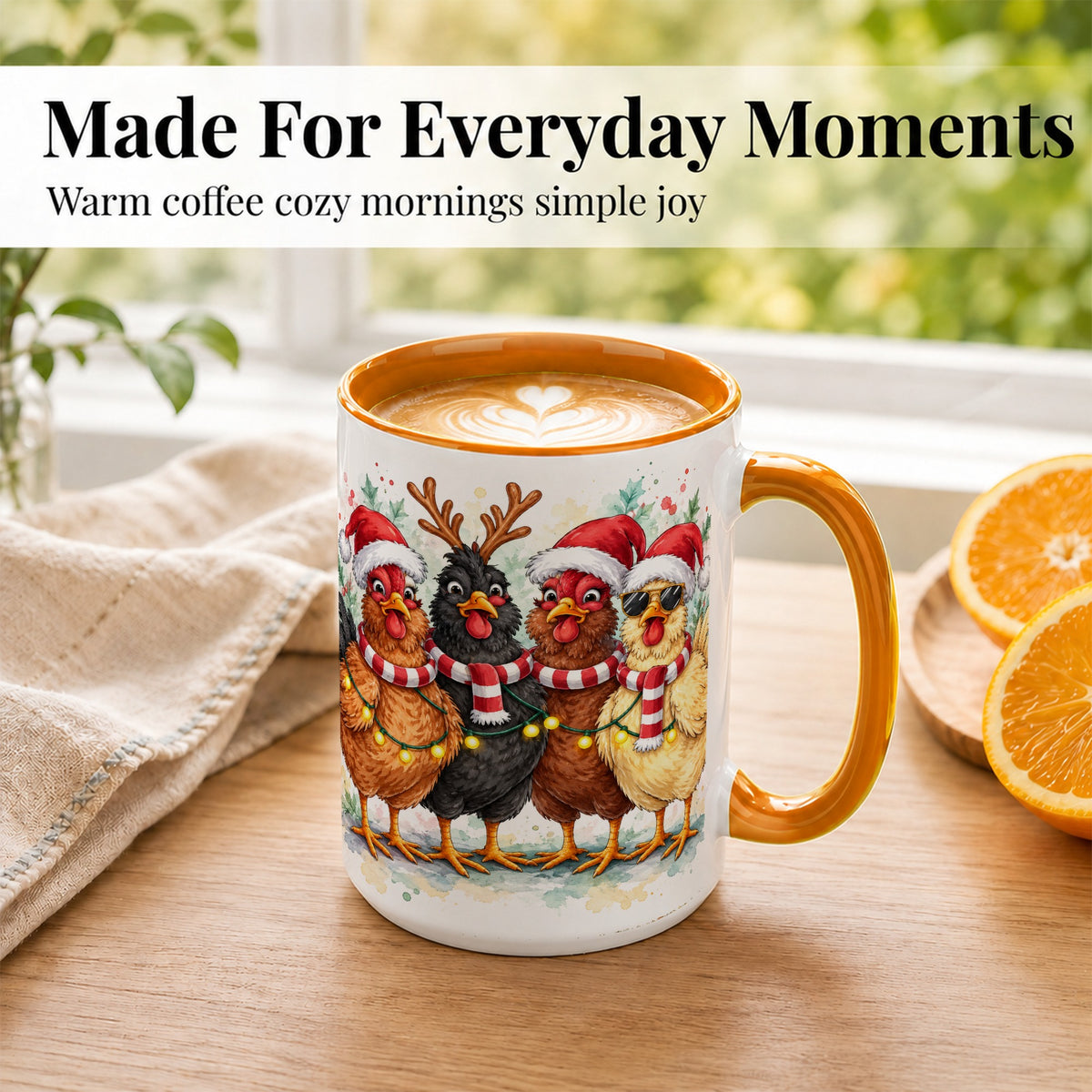 #pl[15oz|Orange] Watercolor Christmas Chickens Coffee Mug, Festive Hens Mug, Ceramic Cup