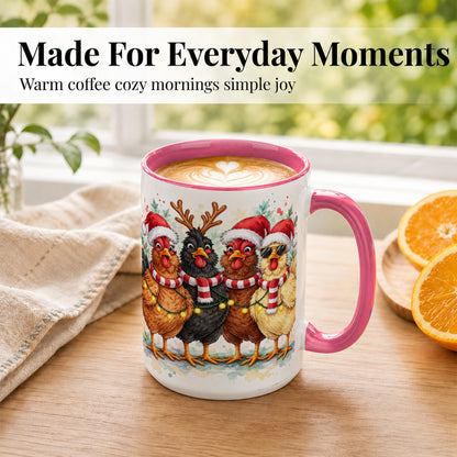 #pl[15oz|Pink] Watercolor Christmas Chickens Coffee Mug, Festive Hens Mug, Ceramic Cup